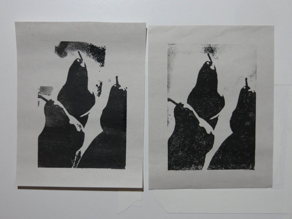 These prints are from the underexposed plate. This plate does not have enough bite, so it was nearly impossible to keep the ink out of the white areas, especially near the stems.