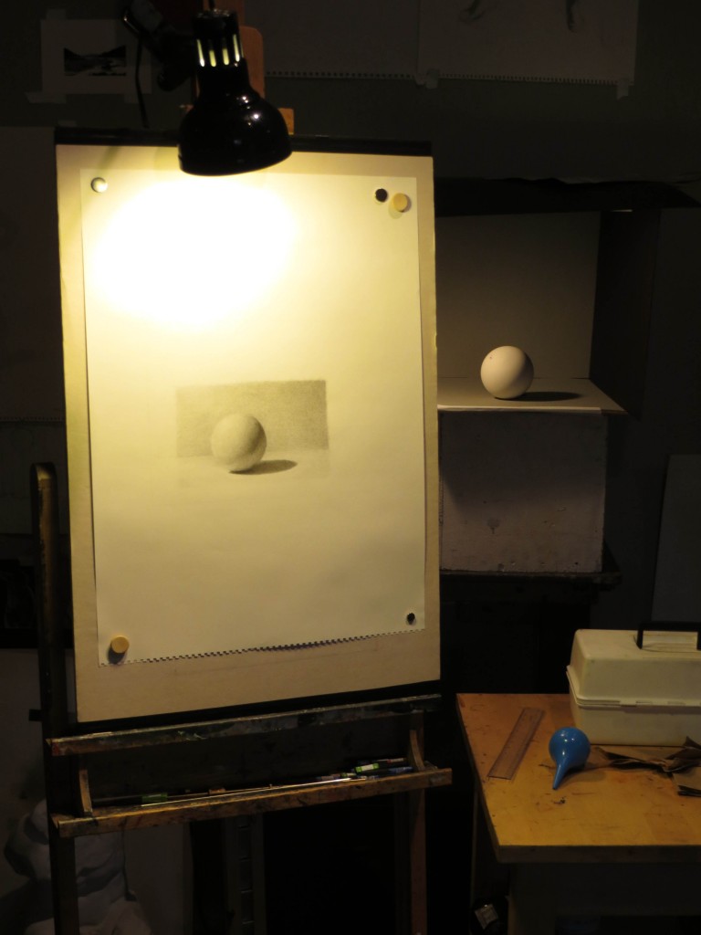 My sphere is a Christmas ornament painted white. I have placed it inside of a box that shields it from stray light sources so the only illumination comes from one carefully placed lamp.