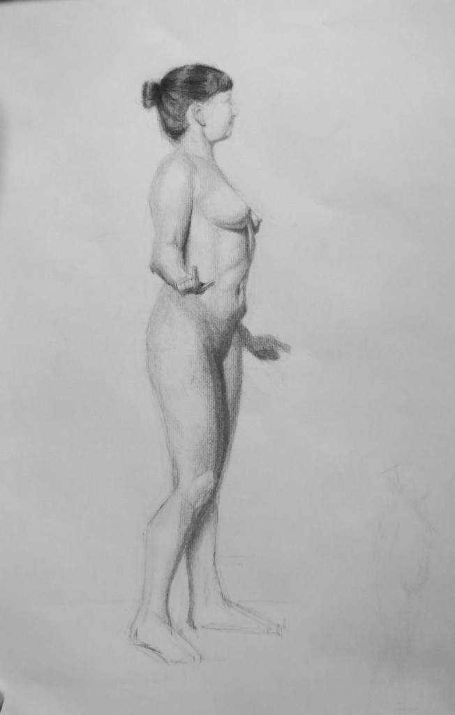 We continue to draw longer and longer poses in the mornings in the life room. This was from a month-long pose, although I only worked on this drawing for about 9 days owing to my part time status.