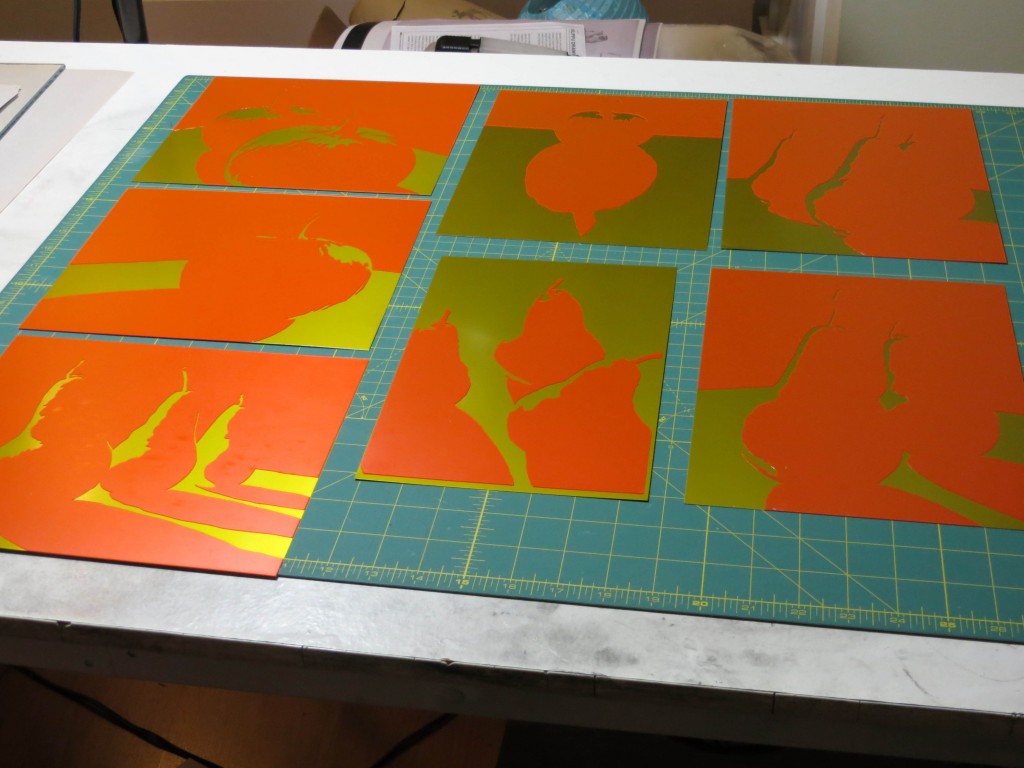 Here are my seven brand new relief plates, ready to print.