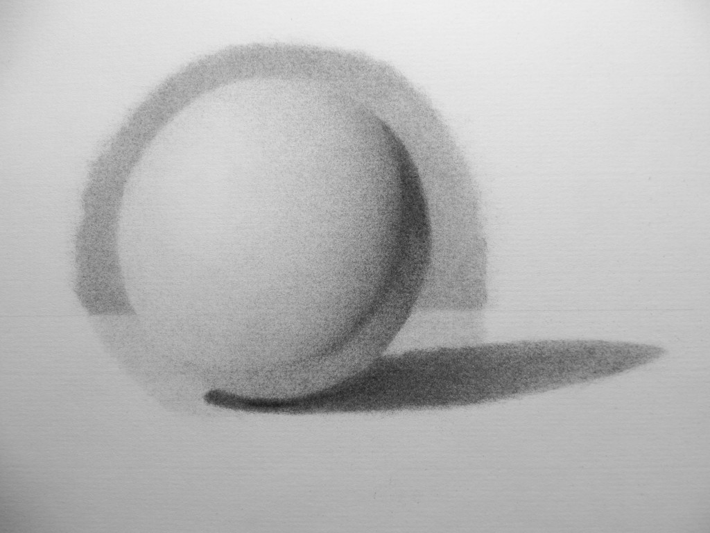 Here's the newest sphere. I've probably spent about 20 hours on this drawing, mostly learning to lay down smooth layers of charcoal. I am learning, though, because this sphere is much smoother than my first attempt.
