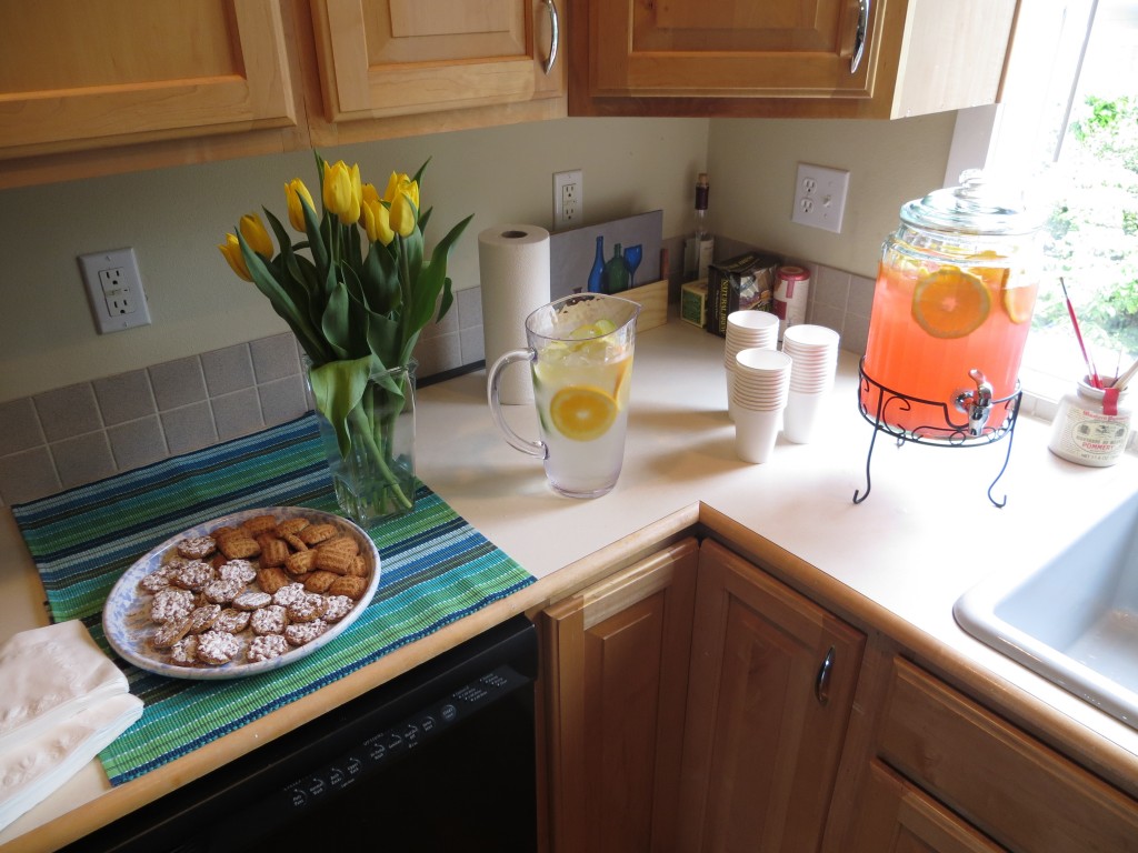 Snacks, ice water, and pink lemonade